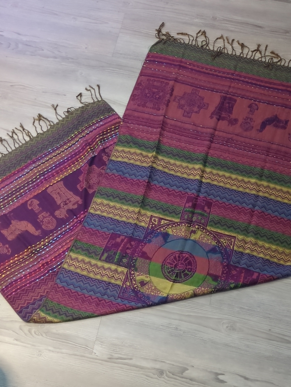 Boho Andean Pashmina Style Shawl Wrap Scarf Purple Fringe 27x70 Inca Southwester - Picture 9 of 14